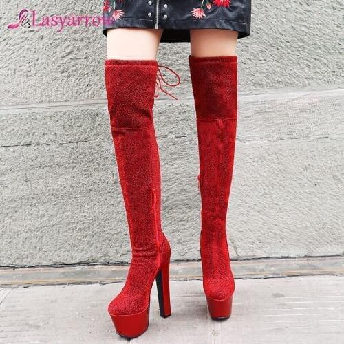 Lasyarrow Fashion Womens Shoes platform Elegant Ladies silver Boots royalblue Over The Knee High Boots Chunky heels Big size