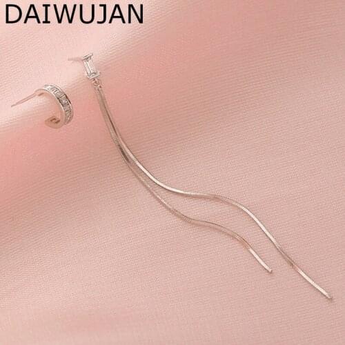 925 Sterling Silver Square Zircon AB Drop Earrings For Women Asymmetric C Shaped Snake Chain Long Tassel Earrings Party Jewelry