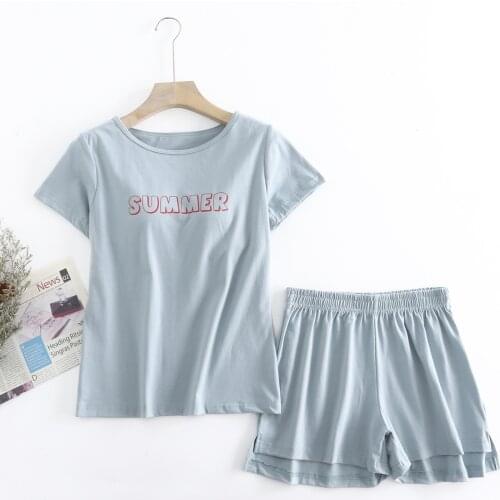 Summer New Cotton 2PCS Womens Pajamas Suit O-Neck T-shirt&Shorts Loose Nightwear Letter Print Sleepwear Lounge Home Pyjama Wear