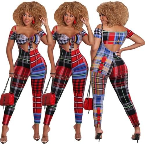 RStylish 2021 Fashion Womens Streetwear Plaid Print Off Shoulder Short Sleeve Crop Top Overall Pants Summer 2 Piece Set
