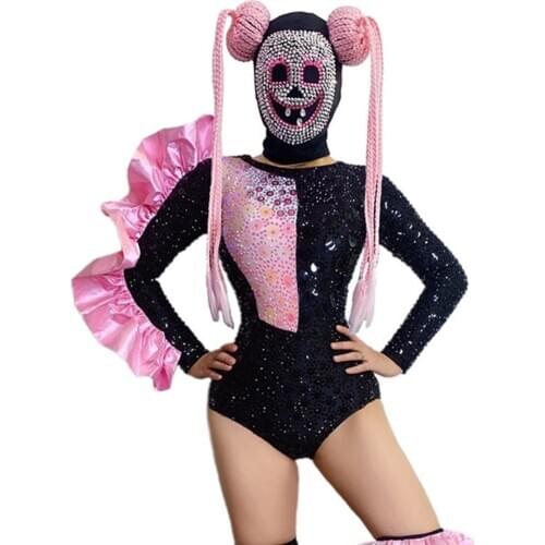 Ladies Rave Party Dance Costume Rhinestone Bodysuit Scary Halloween Headwear Pole Dance Clothing Stage Performance Wear VDB2632