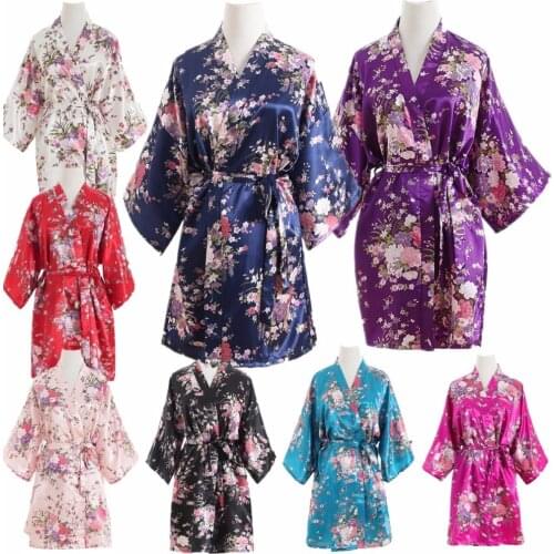 Silk Satin Wedding Bride Bridesmaid Robe Cherry Floral Bathrobe Short Kimono Robe Night Bath Robe Dressing Gown For Women2019