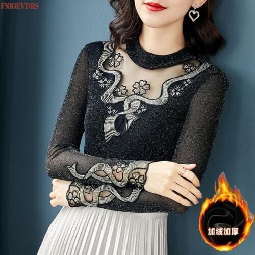 Winter Spring Warm Velvet Basic Wear Women Fashion Slim Fitted Stand Collar Office Lady Sexy Sheer Mesh Tops And Blouses