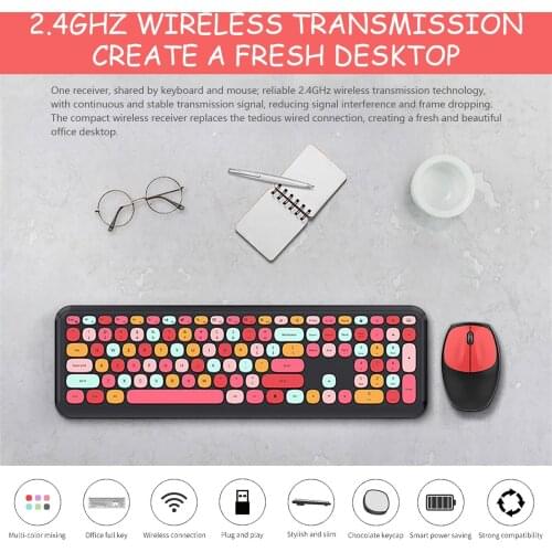 2.4Ghz Wireless Business Keyboard And Mouse Multi-Color Mute Keyboard And Mouse Suit Retro with Number Pad & Cute Wireless Mouse