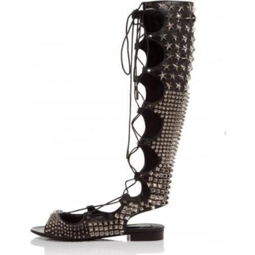 2017 Summer New Fashion Full Studded Women Lace Up Boots Sexy Peep Toe Ladies Knee High Gladiator Boots Slingback Flat Boots