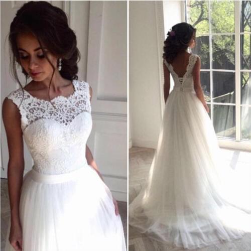 2020 A Line Lace Beach Wedding Dresses Vestido de Noiva Scoop White Ivory Backless Tulle Bridal Dress Cheap Robe De Mariee