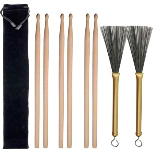 3 Pairs Wood Drum Sticks 5A Maple Drum Wire Brushes W/ Handle Comfortable