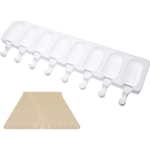 8- Cavities White Silicone Ice Cream Bar Mold Reusable DIY Popsicle Makers with 50Pcs Wooden Sticks
