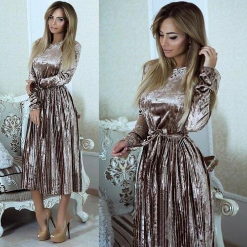 Danjeaner Women Spring Long Sleeve Vintage Velvet Dress Female Slim Pleated Party Dresses with Sashes Maxi Dress Vestidos