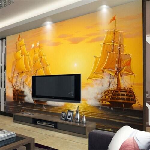 HD Golden Oil Painting Sailing Boat Photo Wallpaper For Study Living Room Sofa Backdrop Wall Mural Papel De Parede 3D Paisagem