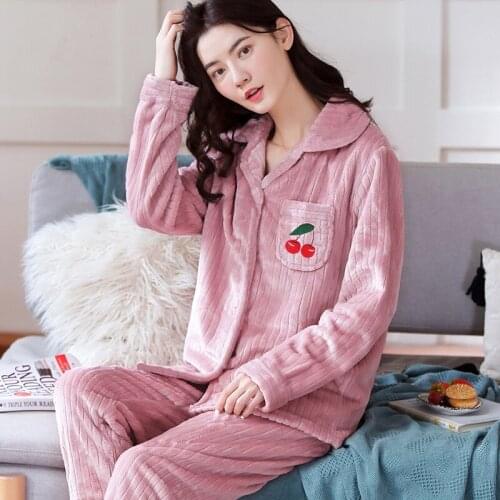 Women Thick Pajama Sets Flannel Pijama Turn-down Collar Sleepwear Lady Long Sleeve Winter Pyjamas Femme 2 Pieces Sets Homewear
