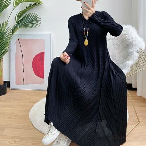 HOT SELLING Miyake Elegant fashion fold long-sleeve O-neck A-Line dressIN STOCK