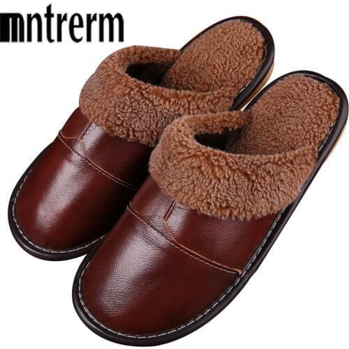 Mntrerm Mens Slippers Winter Genuine Leather Thick With Plush Home Indoor Non-slip Thermal Couples Slippers 2020 New Hot Sale