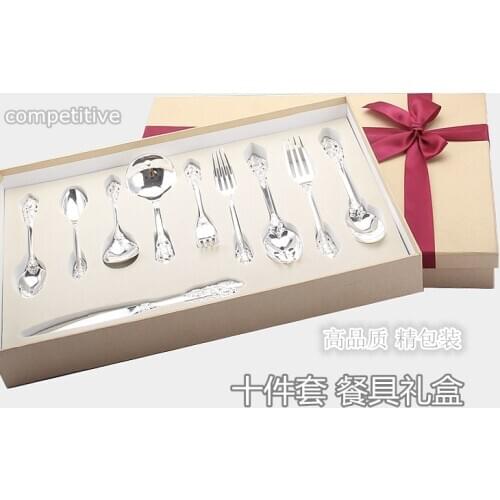 Silver engraving Stainless Steel 10 pcs/set Western Tableware Set Fork Knife Spoon Dinnerware Set Restaurant Service Tools