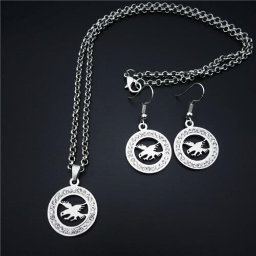 Eagle Stainless Steel Jewelry Set Clay Inlaid White Rhinestone Hawk Necklace Earrings For Women Girls
