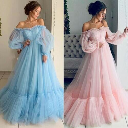 2020 New Womens Off Shoulder Wedding Evening Ball Gown Bell Sleeve Long Mesh Maxi Dress Solid Color One Word Collar Sweet