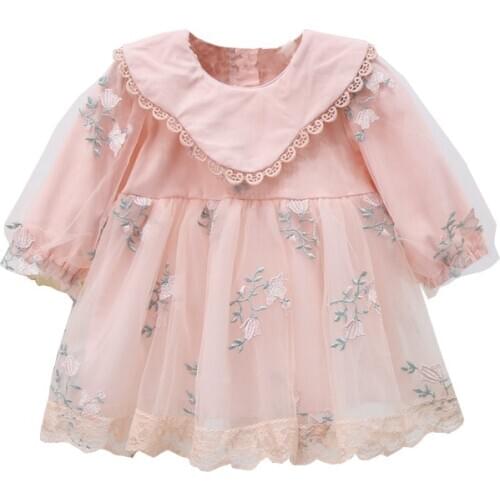 Dress for Girl Baby Party Toddler Clothes Embroidery Lantern Sleeve Infant Christening First Birthday Ball Gown 2 Color 0-3Y