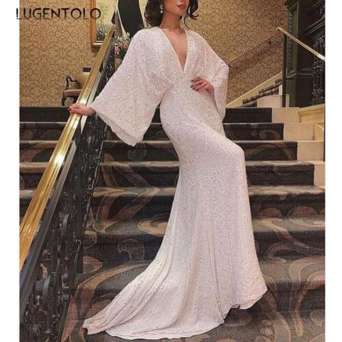 Party Dress Women Sexy V-neck Backless Solid Long Sleeve Dresses Female Empire Dinner Spring Thin Long Dress Lugentolo