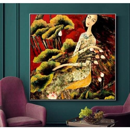 Hand Pained Knife Painting Abstract Art Lady with Lotas Vietnamese Art for Room Wall Decoration