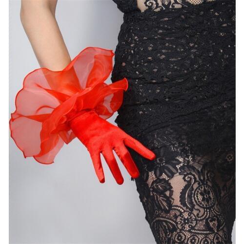 Silk Lace Gloves Elastic Mercerized Silk Satin Red Ultra Short Large double-Layer Mesh Organza Ruffle Women Gloves WSG01