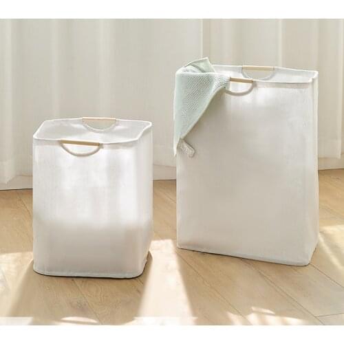 Contracted Style Japanese Style Wooden Handle Cotton and Linen Laundry Basket Folding Toy Storage Bucket Sundries Box