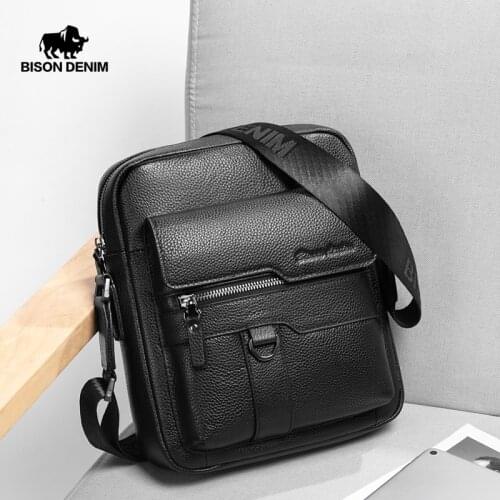 BISON DENIM Brand Genuine Leather Men Shoulder Bag Hot Sale Male Crossbody Men Messenger Bag Fashion Mens Handbags N20150-1B