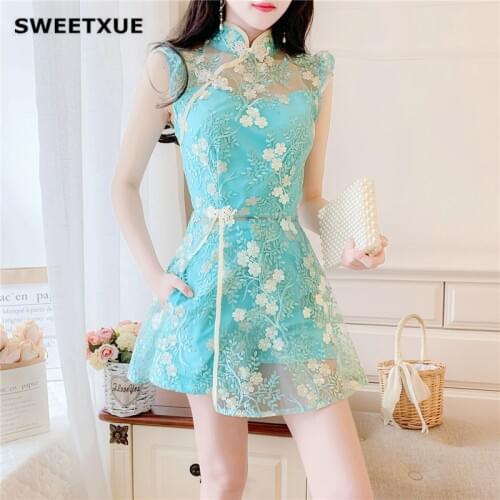 SWEETXUE Women New Set Retro Improved Cheongsam Buckle Embroidered Dress Top + Shorts Two-Piece Suit Lady