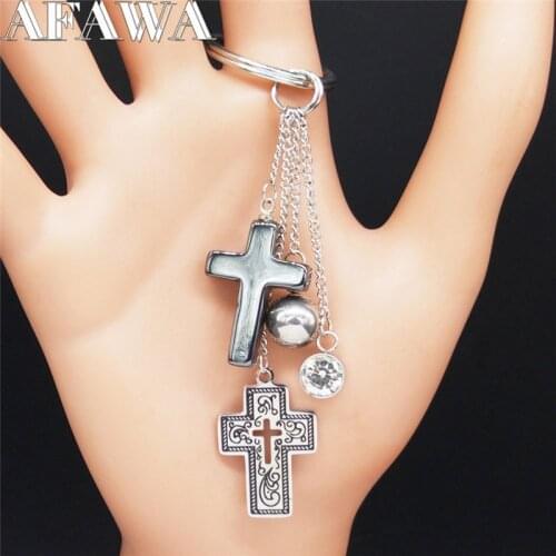 2021 Stainless Steel Vintage Gothic Cross Keyrings for Women Silver Color Tassel Car Key Chain Jewelry sleutelhanger K77809B