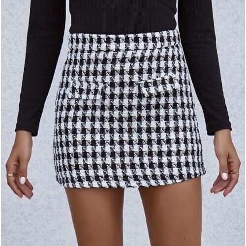 Elegant High Waisted Sheath Wrap Hip A-Line Mini Skirt Cotton Houndstooth Plaid With Mock Pocket Autumn Office Lady Clothing