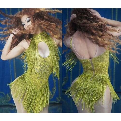 Sleeveless Rhinestones Tassels Bodysuit Grass Green Stones Fringes Jumpsuit Sexy Lady Nightclub DJ Latin Dance Costume 7 Colors