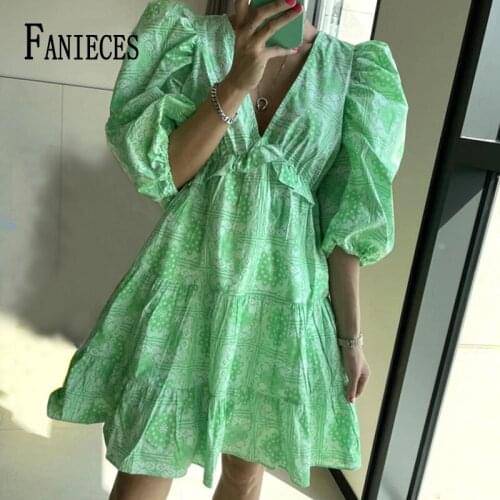 FANIECES Bohemia Print Puff Sleeve A-line Mini Dresses For Women Summer High Waist Deep V Neck Vintage Loose Holiday Beach Dress