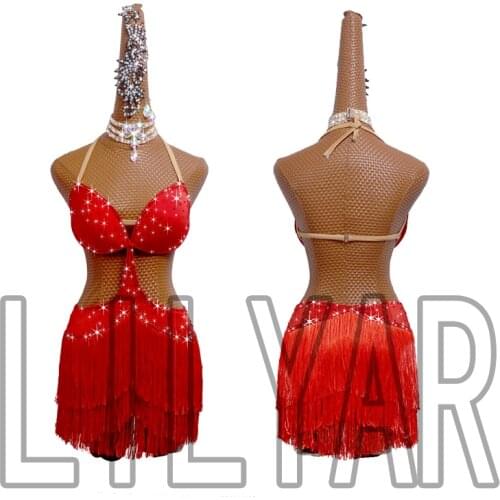 Women Latin Dance Dress Skirt Competition Dresses Red Decoration Latin Dance Costumes Skirt Tassel Diamond dance Skirt dress