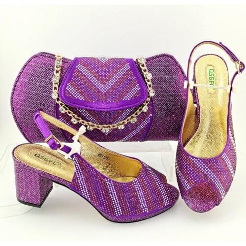 2020 Italian Design New Nigerian Crystal Style and Rhinestone Decoration Ladies Shoes and Bag Set in Purple Color for Party