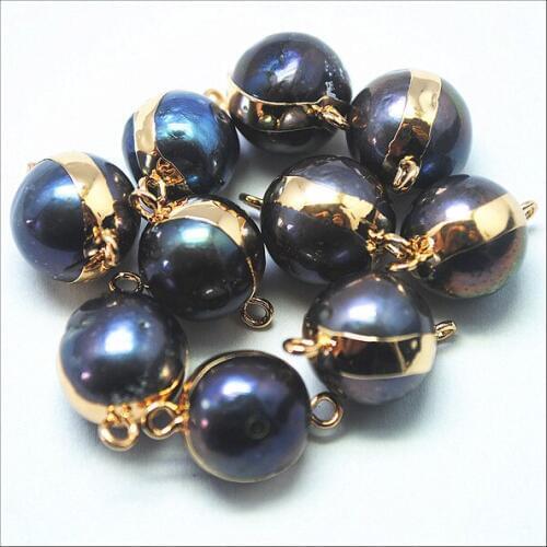 4pcs china lake pearl black pearl beads connectors with golden color round ball top fashion diy jewelry findings