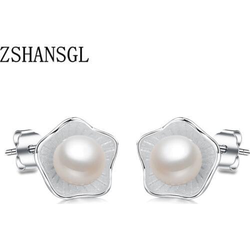 Silver color Flower/Shell Pearl Stud Earrings With Fresh Water Cultured Round Pearl Engagement Fashion Jewelry Brincos