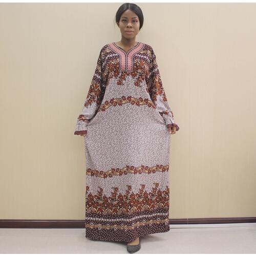 Dashikiage African Dashiki Long Sleeve Appliques Brown 100% Cotton Floral Printed African Lace Dresses For Women