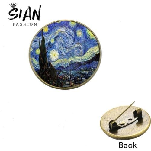 SIAN Van Gogh Starry Night Sunflower Famous Paintings Brooches Handmade 3D Printed Glass Dome Collar Pins Button Icon Decorative