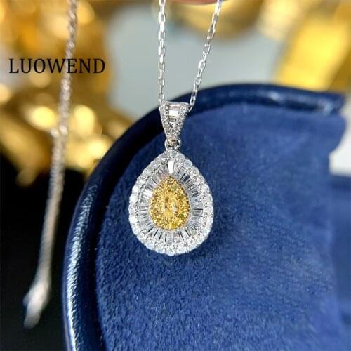 LUOWEND 100% Solid 18K White Gold Pendant Necklace Real Natural Yellow Diamond Women Engagement Birthday Gift Water Drop Design