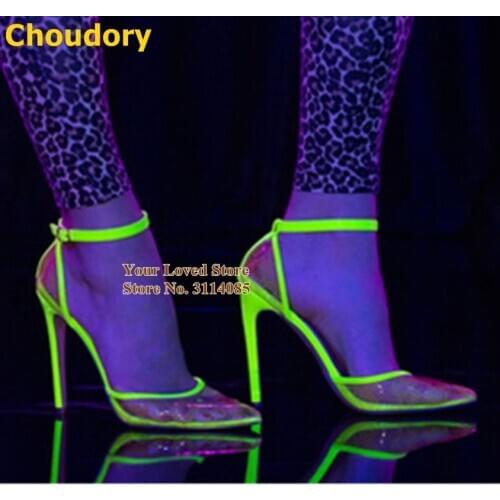 Choudory Lime Green Lace Flowers Dress Pumps Stiletto Heel Pointy Toe Embroidery Floral Wedding Shoes Nightclub Footwear Sandals