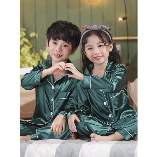 Kids Button Up Satin Pajamas Outfits Toddler Baby Boy Girl Silk Pajamas Pyjamas Satin Set Child Sleepwear Nightgown 2021 New