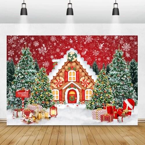 2021 Christmas Photography Background Wooden House Winter Snow Red Gift Box Christmas Tree Backdrop Photo Background Decor Prop