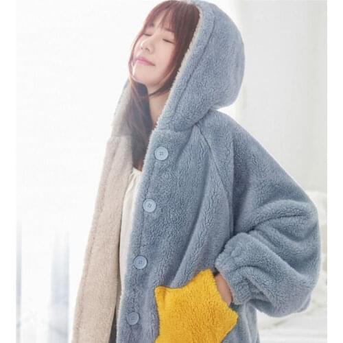 Womens Flannel Robes Winter Kawaii Sleepwear Cartoon Velvet Bathrobe INS Fashion Negligee Lingerie Hooded Long Sleeve Nightwear