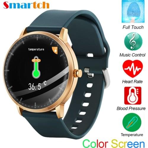 Round Touch Smart Watch T9 Thermometer Sport Heart Rate Monitor Bracelet Fitness Tracker Calls Music Control Color Screen PK V66