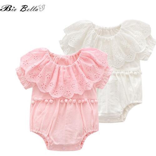 Summer Sweet Girl Newborn Bodysuit Hollow Lace Girl Clothing Newborn Baby Girls Ruffles Sleeve Jumpsuit Outfits Pink White 0-1T