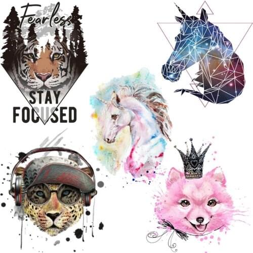 Fashion Animals Heat Transfer Stickers 3D Wild Tiger Iron on Transfer Patches Pink Fox DIY Family Tshirt Stickers for Boys Girls