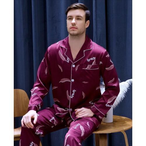 Mens Long-sleeved Ice Silk Satin Suit Homewear Modern Style Plus Size Nightgown Students Leisure Youth Household Clothes J036