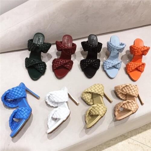 New Luxury Brand Slides Mules Women 9cm High Heels Fetish Summer Sandals Weave Slippers Prom Wedding Bridal Stripper Blue Shoes