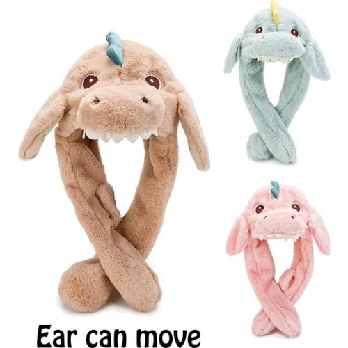 New Girls Cartoon Dinosaur Plush Hat Lamb Wool Hoodie Scarf Hat with Moving Jumping Ears Winter Warm Earflap Cap Cosplay Costume