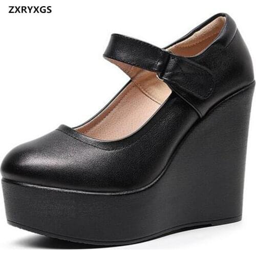 2021 New Genuine Leather Thick Sole Platform Shoes Wedges Increase Shoes Wedges Pumps Small Plus Size High Heels 6 / 8 / 11.5 CM
