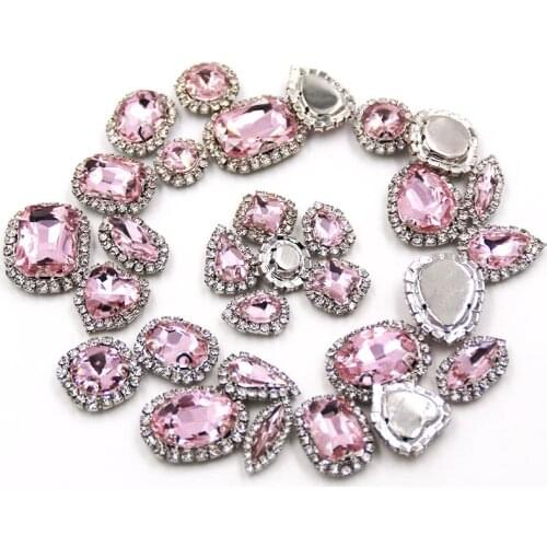 New Pink mix size mix shape crystal buttons sew on glass rhinestones with cup chain rim diy clothing/wedding dress